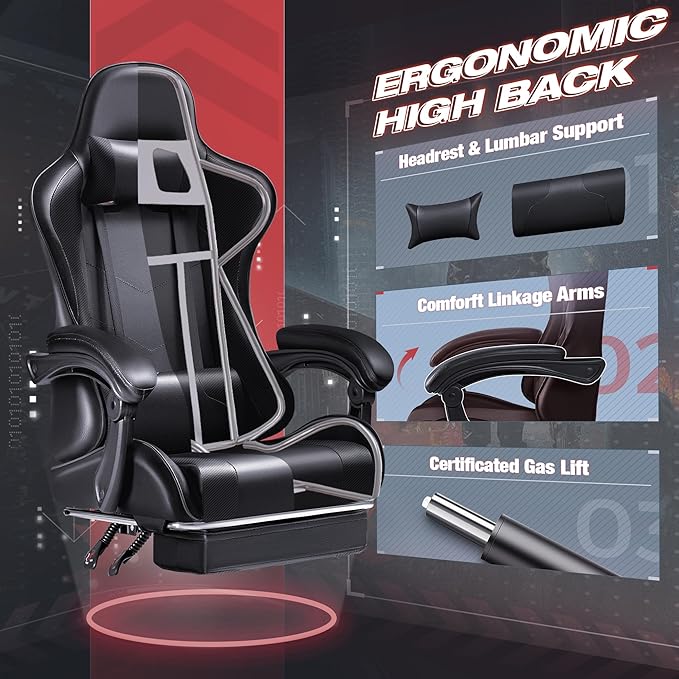 Furmax Gaming Chair Video Game Chair with Footrest and Massage Lumbar Support Swivel Seat Height Adjustable Computer Chair with Headrest Racing E-Sport Gamer Chair (Black)