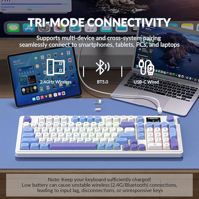 L98 Wireless Gaming Keyboard Cute Creamy Keyboard with Number Pad Tri-Mode BT5.0/2.4GHz/USB-C RGB Backlit Quiet Office Computer Keyboards for PC Laptop
