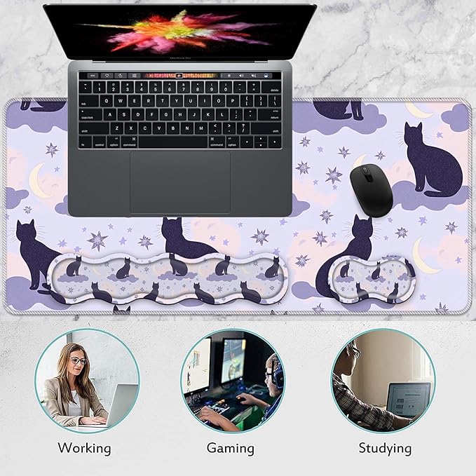 Keyboard Wrist Rest and Mouse Pad Set31.5x11.8 Inches Desk MatWaterproof Non-Slip Ergonomic Wrist Support for Pain ReliefExtended Desk Protector for Office Home GamingCute Cat Design