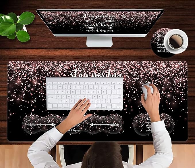 Large Gaming Mouse Pad Memory Foam Keyboard Wrist RestExtended Office Desk MatOffice Desk Pad with Stitched EdgesLaptop Desk Table Protector Rose Gold Glitter Inspirational Quotes Black Writing Mat