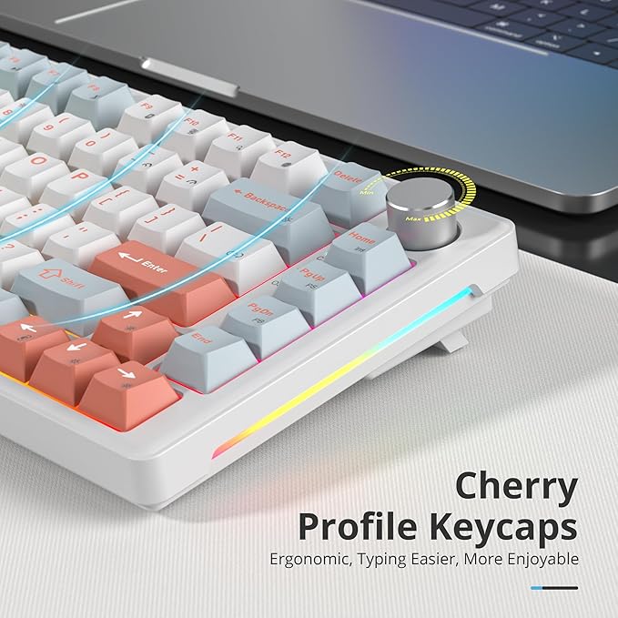 75% Mechanical Keyboard Gasket with Knob Custom Wired Creamy Gaming Keyboard TKL 75 Percent Hot Swappable RGB Backlit Pre-lubed Switch for Win/MAC PC Laptop（Salmon/White）