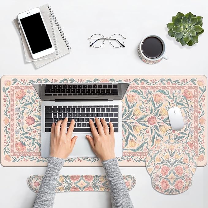 Britimes Pink Floral Keyboard Mouse Pad Set Retro 4in1 Large Mousepad+Keyboard Wrist Rest+Mouse Wrist Rest+Coaster Ergonomic Design for Home Office Computer 35.4x15.7 inches