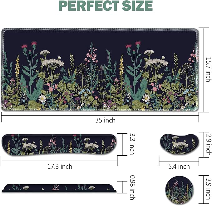 AIMSA Large Gaming Mouse Pad Set Keyboard Wrist Rest Support + Extended Mouse Pad + Mouse Wrist Cushion + Coaster Ergonomic Multifunctional Desk Mat 35x15.7in Anti-Slip Rubber Base (Flowers Plants)