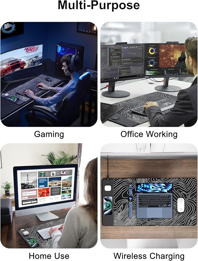 TopMade Mouse Pad with 15W Fast Wireless Charging 31.5x15.75 XXL Large Gaming Waterproof Desk Pad with Ultra-Smooth Surface Non-Slip Base Computer Desk Mat Black Topographic Map #1