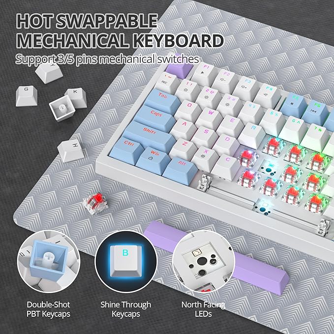 75% Purple Mechanical Gaming Keyboard with Hot Swap RGB and Gasket Mount - TKL Red Switch 75 Percent Creamy Mechanical Keyboard (82 Purple White)