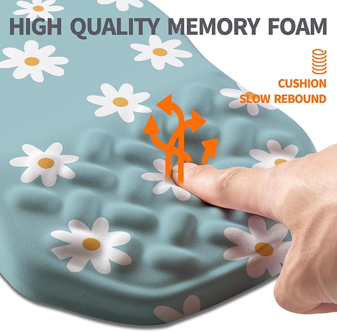 Ergonomic Slope Mouse Pad Wrist Support Wrist Rest Mousepad for Carpal Tunnel Pain Relief with Massage Bulge and Slow Rebound Memory Foam (12x8 inch White Flowers)