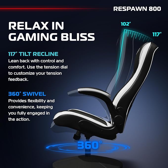 RESPAWN 800 Swivel Rocker Gaming Chair - Ergonomic Floor Gaming Seat with Lumbar Support Flip Up Armrest High Back Pedestal Base Comfortable No Wheels Console Video Game Rocker Chair - White