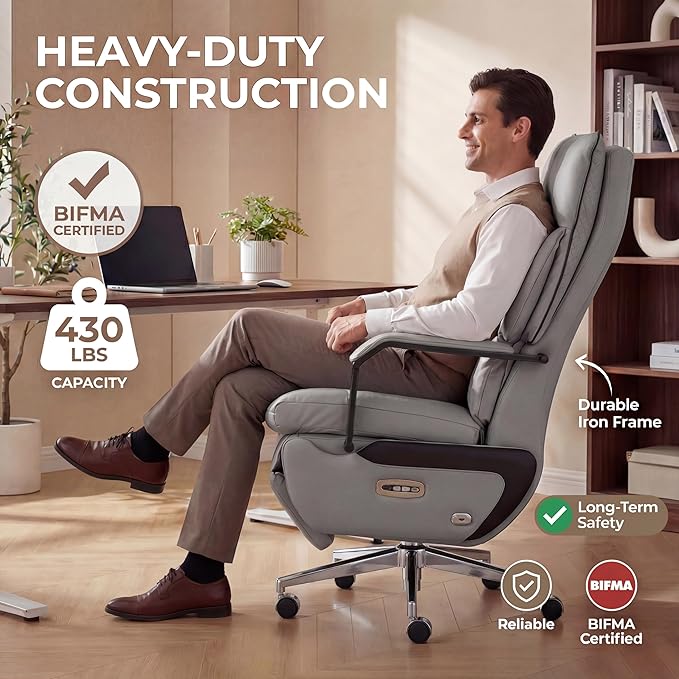 Dual Motor Executive Reclining Office Chair with Footrest – One-Click Electric Recline Massage Lumbar Support &amp Pillow Big and Tall PU Leather Ergonomic Desk Chair for Home Office/Gaming(Gray)