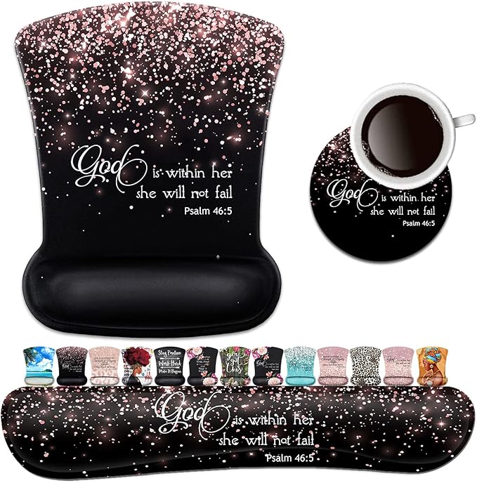 Keyboard Wrist Rest Pad and Ergonomic Mouse Pad Wrist Support Set Psalm 46:5 God is Within HerShe Will Not Fall Rose Gold Black for GamingOfficeComfortable and Pain Relief with Coaster Set