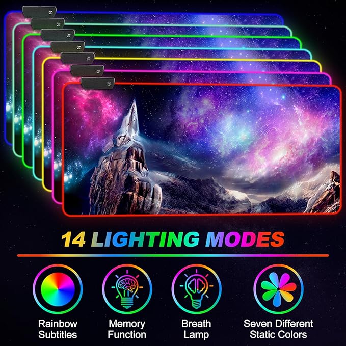 ARTSO RGB Gaming Mouse Pad Large Extended Soft Led Mouse Pad with 14 Lighting Modes 2 Brightness Water Resist Keyboard Pad Computer Mousepads Mat 35.4x15.7inch Starry Mountains
