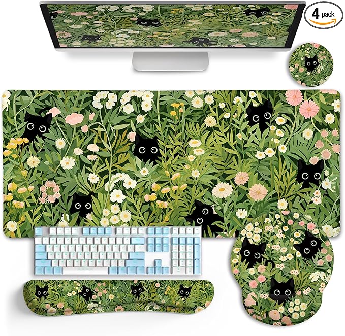 Cat Ergonomic Mouse Pad with Wrist Rest Desk Mat Set Green Gaming Mouse Pad Wrist Support Keyboard Mat Wrist Rest Cup Coaster Funny Office Decor