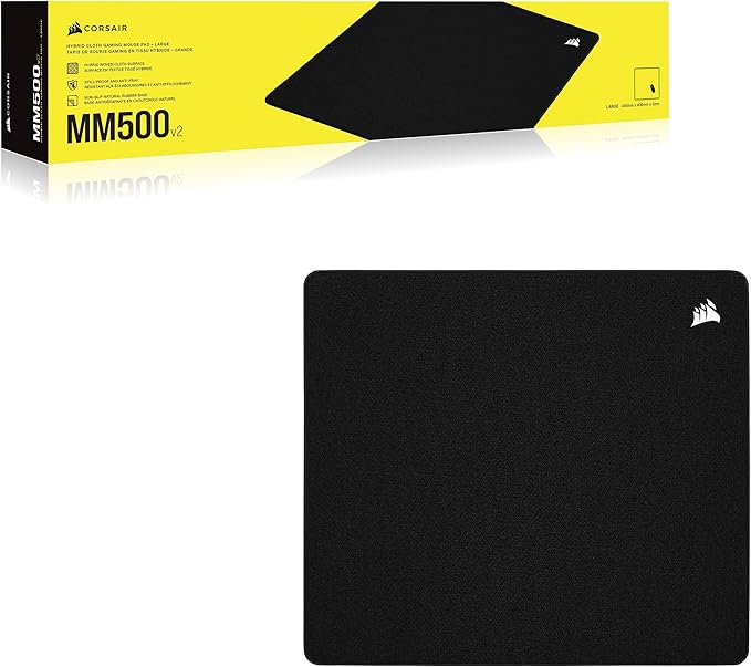 Corsair MM500 v2 Hybrid Cloth Gaming Large Mouse Pad – 45cm x 40cm – Spill-Proof Coating – Anti-Fray Stitched Edges – Non-Slip Rubber Base – Black