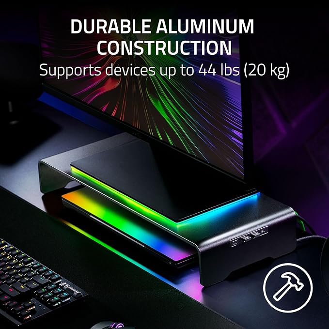 Razer Monitor Stand Chroma: 4 Port Hub - USB A 3.2 USB C 3.2 HDMI 2.0 - Ergonomic Height - Durable Aluminum Supports Up to 44 lbs - Organize Storage Shelf - Remappable RGB Buttons - Chroma RGB