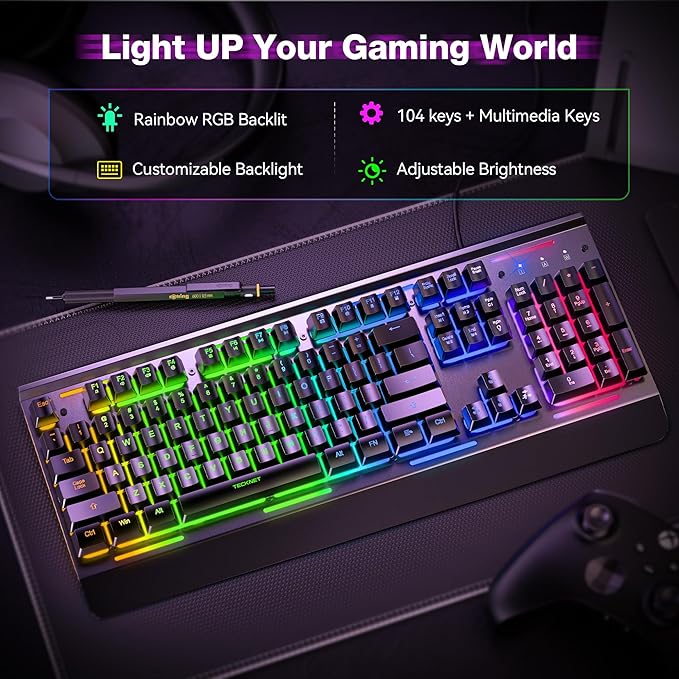 TECKNET Gaming Keyboard USB Wired Computer Keyboard 15-Zone RGB Illumination IP32 Water Resistance 25 Anti-ghosting Keys All-Metal Panel (Whisper Quiet Gaming Switch)