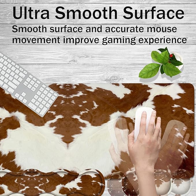 Gaming Mouse Pad Set Large Gaming Mouse Pad+Keyboard Wrist Rest+Mouse Wrist Rest+Coaster Easy Typing Pain Relief 31.5 × 11.8 inch Desk Mat for Home Office Brown Cow Print Pattern