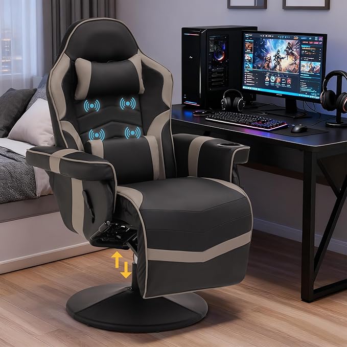 Game Reclining Chair with Adjustable Height PU Gaming Chair with Massage Long Footrest and Lumbar Support High Back Swivel Computer Game Chair for Adult (Gray)