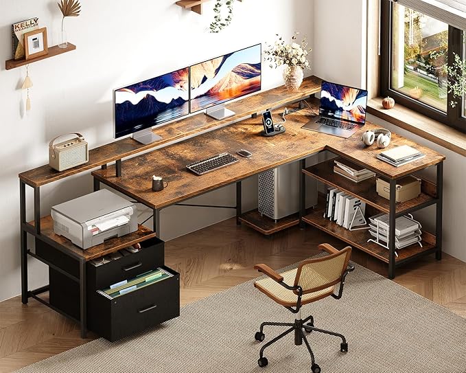 ODK 75 L Shaped Desk with File Drawers Work from Home Office Desk with Power Outlet Reversible Computer Desk with Storage Shelves Gaming Desk with Monitor Shelf Corner WFM Table Vintage