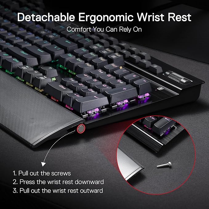 Redragon K550 RGB Gaming Keyboard 104 Keys + 12 Macro G Keys Wired Mechanical Keyboard w/Aluminum Top Plate Custom Clicky Purple Switch Extra USB Port &amp Wrist Rest