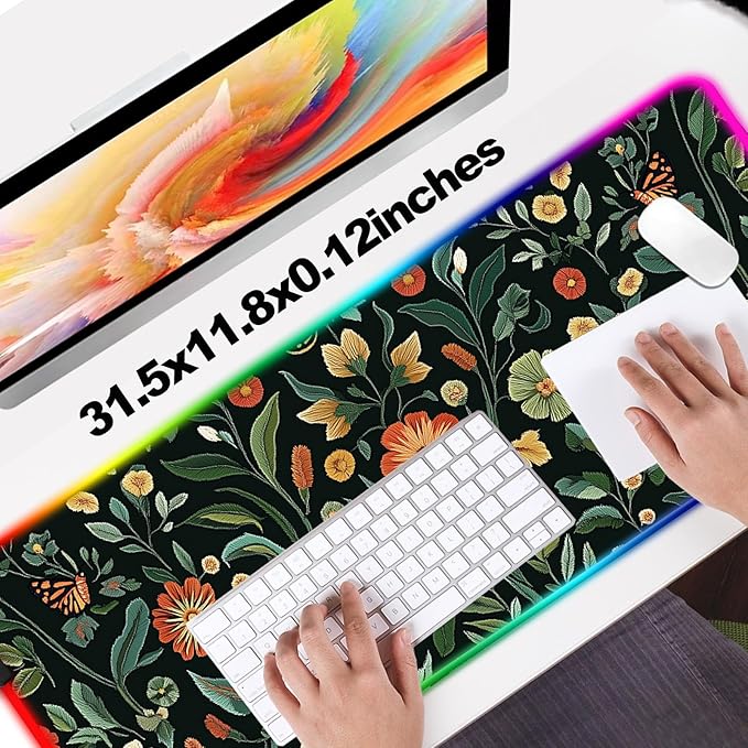 RGB Floral Gaming Desk Mat Computer Keyboard Large Extended Long Flower Plants LED Mouse Pad for Office and Home XL (W19)