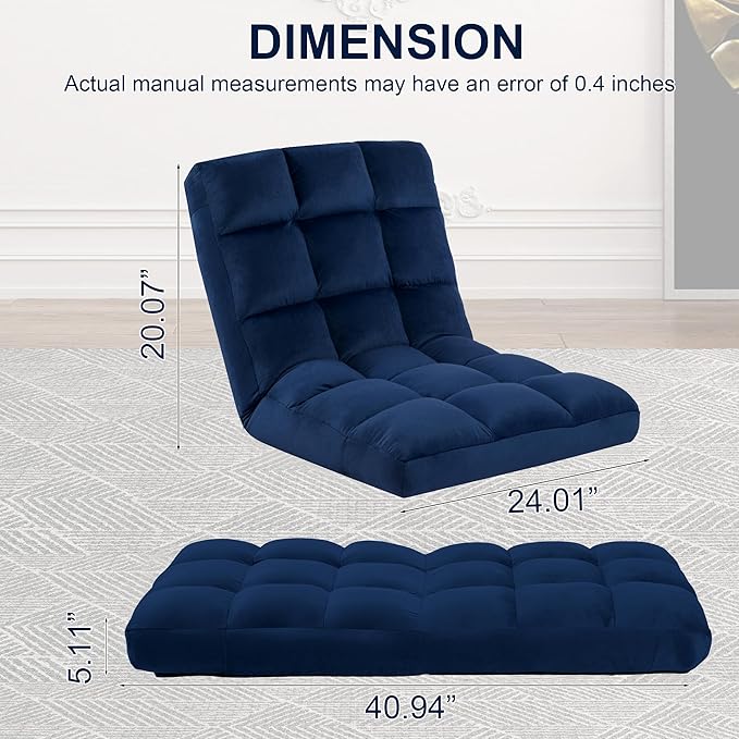 Floor Chair 24 inches Wide Oversized Velvet Armless Lay Flat Floor seat Padded Meditation Chair with 6 Adjustable Position Ergonomic Comfortable Convenient(LRSF-013-NAVY)