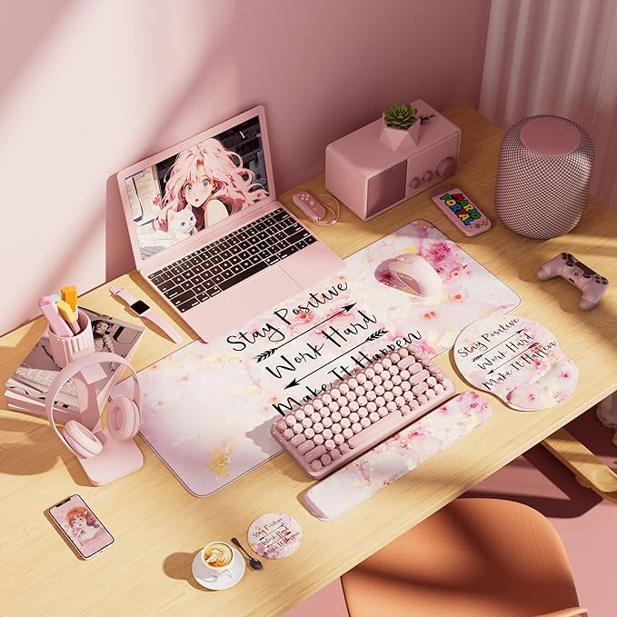 Large Mouse Pad and Keyboard Wrist Rest + Desk Mat SetFull Long Mouse Pads for Desk Accessories with Memory Foam Gel Pink Mousepad for Women Computer Desktop Office Work-Pink &amp Black Slogan