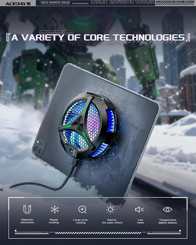 Magnetic Cooler for iPadTablet Cooler for ipad/Surface pro/Samsung TabUniversal Radiator with Temperature Display for Mobile GamingTiktok Live Streaming (Green Mech)