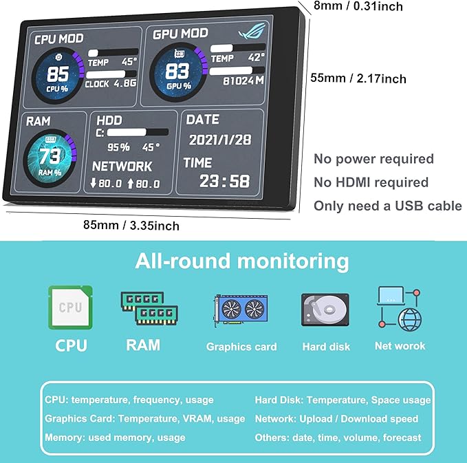 WOWNOVA PC Temperature Display Computer Temp Monitor ARGB Case IPS USB Mini Screen CPU RAM HDD Data Monitor