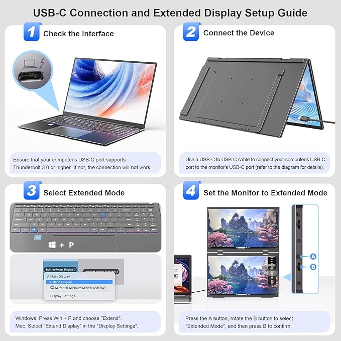 Dual Portable Monitor 15.6 1080P FHD IPS Folding Stacked Triple Laptop Screen Extender USB-C Plug &amp Play Travel Extended Computer Display for Laptop PC Windows Mac w/Stand &amp VESA Mountable