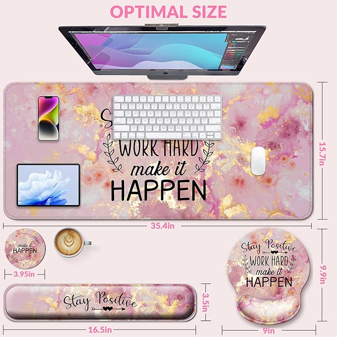 Desk Mat Set + Keyboard and Mouse Pad with Wrist Rest Support4-in-1 Large Mousepad Computer Mats for Desktop Home &amp Office-Pink Positive