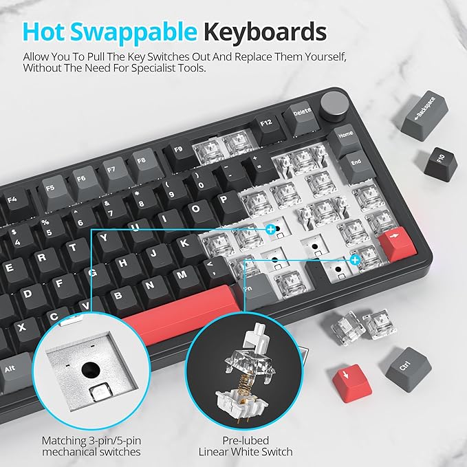 Fogruaden M75 Wireless Creamy 75% Mechanical Gaming Keyboard Hot Swappable Custom RGB Backlit Gasket Pre-lubed Linear White Switches Bluetooth/2.4GHz/USB-C Five-Layer Pad&ampKnob