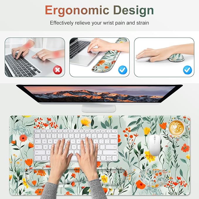 Large Gaming Mouse Pad Set 4 in 1 Ergonomics Keyboard Desk Mat Memory Foam Wrist Rest Computer PC Extended Game Mousepad Non-Slip Desk Matt Easy Typing Pain Relief I Blooming Orange Florals