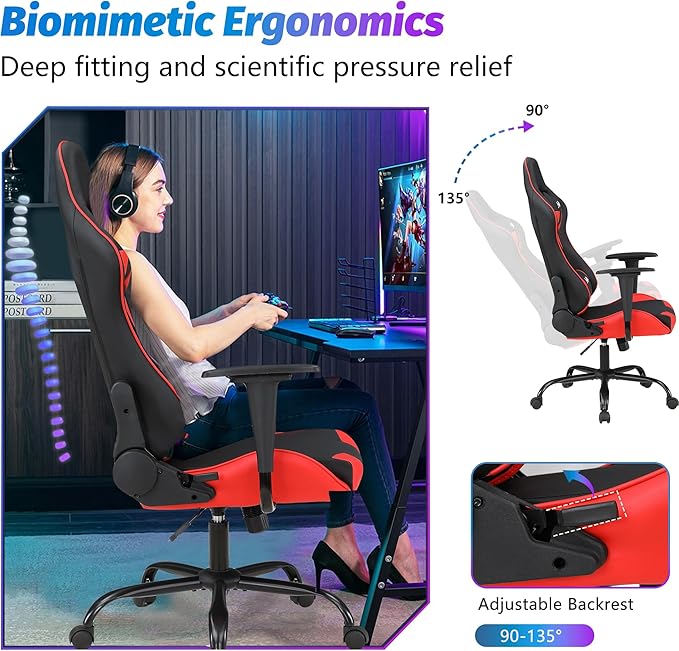 PayLessHere Gaming Chair Ergonomic Office Chair with Lumbar Support Headrest Armrests Rolling Swivel Functionality and Adjustable Features for PC Gamer (Red)