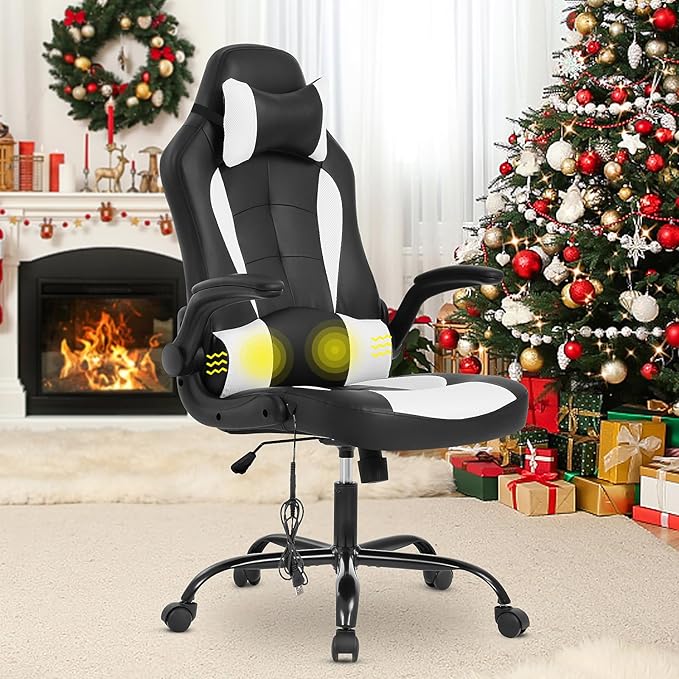 Gaming Chair Ergonomic Home Office Video Game Chairs Massage PU Leather Computer Chair Adjustable Swivel Chairs with Lumbar Support Headrest White