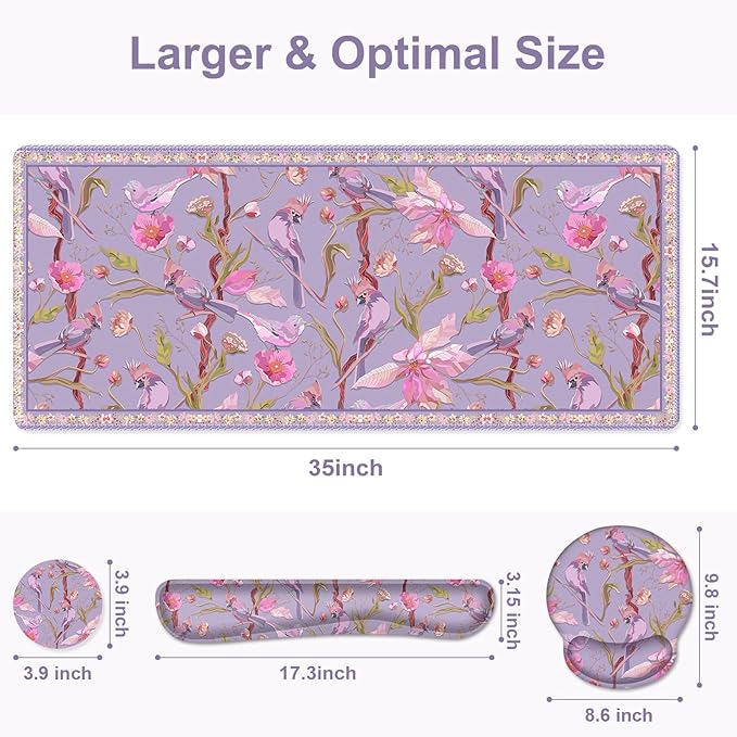 Flower Desk Mat 4in1 Large Mouse Pad with Wrist Rest Cute Desk Matt for Desktop Desk Pad Mat Anti-Slip XXL Computer Ergonomic Mousepad with Wrist Support for Keyboard and Mouse I Purple Bird