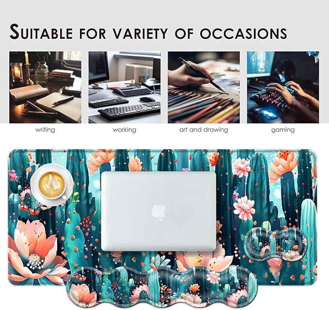 Large Keyboard Mouse Pad Set Extended Mouse Pad+Keyboard Wrist Rest Support Memory Foam Ergonomic Easy Typing 4Pcs (31.5×11.8 in) Desk Pad Set for Office HomeCute Cactus Blooming Flowers