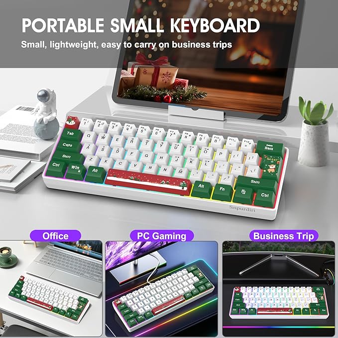 Snpurdiri 60% Wired Gaming Keyboard RGB Backlit Small Ultra-Compact 61 Keys 60 Percent Gaming Keyboard for PC/Mac Gamer Typist Travel Easy to Carry on Business Trip(Red Green White)