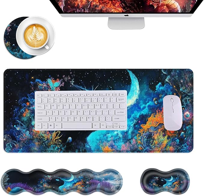 Mouse PadLarge Desk Mat Set 4in1 XL Mousepad + Keyboard Wrist Rest+Mouse Wrist Rest+Coaster with Ergonomic Desk Pad for Home Office Table Computer Cover -Cosmic Black Cat and Moon