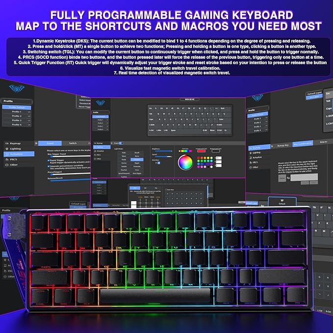 Aula WIN60 HE - 60% Mechanical Gaming Keyboard Wired Magnetic Switch Hot Swappable Adjustable Actuation Rapid Trigger Mode 8000 Hz Polling Rate RGB Small Keyboard 60 Percent Compact Design for PC