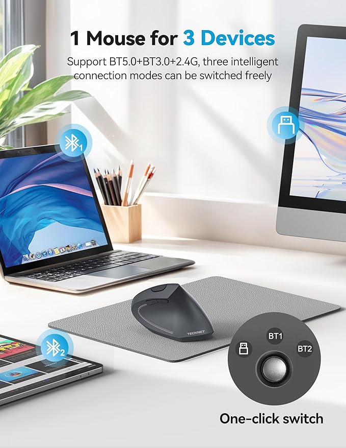 TECKNET Ergonomic Mouse Rechargeable 2.4G+Bluetooth Vertical Mice 6 DPI Adjustable Wireless Optical Carpal Tunnel Mouse Right Hand Multi Device for Laptop PC Computer MacBook iPad - Grey
