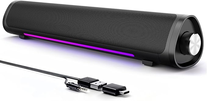 Computer Speakers for Desktop PC Gaming PC Sound Bar Plug and Play - USB Power with 3.5mm Audio RGB Gradient Lighting One-knob Control for Computers/Laptops/Monitors
