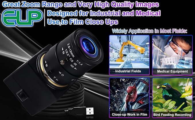 1080P USB Camera with Zoom 2.8-12mm Webcam Variable Focus PC Camera High Speed Mini UVC USB2.0 USB with Camera for Computer Industrial Video Close-up Camera 100fps 60fps Varifocal Lens Web Camera