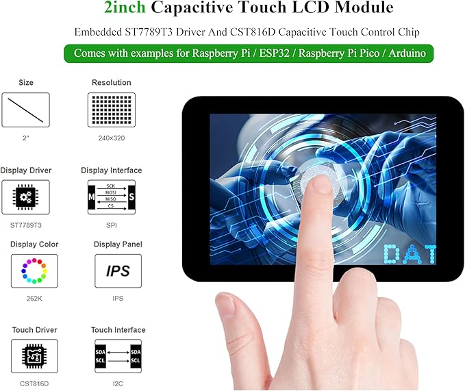 2inch IPS Touch Screen Compatible with Raspberry Pi 5/4B/3B+/3B/Pi Zero/Zero W/Pi Zero 2W/Pico/Pico W/Pico 2/Pico 2W/ ESP32 240x320 Resolution Capacitive Touch LCD Display I2C SPI Interface