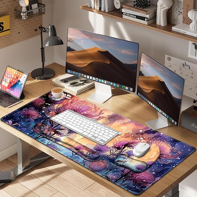 4 in 1 Large Mouse Pad Keyboard Wrist Rest Set Ergonomic Mouse Pad with Wrist Support Desk Mat with Stitched Edges Extended Desk Pad Waterproof Desk Mat for Home Office I Blossom Purple Flower