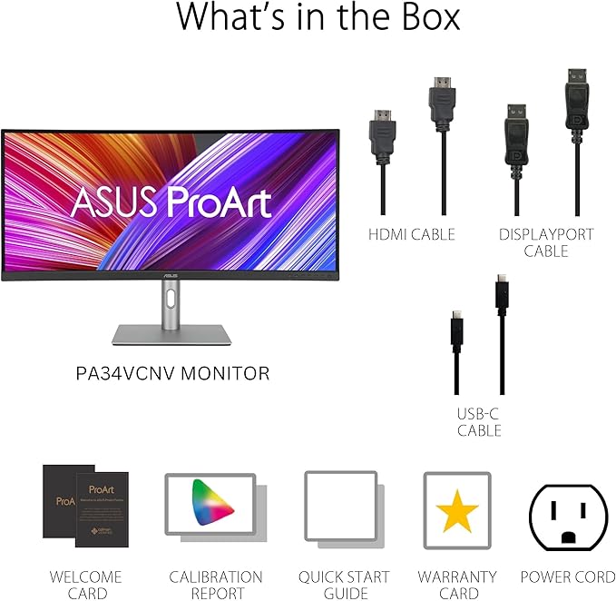 ASUS ProArt Display 34” Ultrawide Curved Professional HDR Monitor (PA34VCNV) - IPS 21:9 3440 x 1440 3800R Curve 100% sRGB/Rec709 ΔE&lt2 Calman Verified USB-C Docking PD 96W RJ45 3 Year Warran