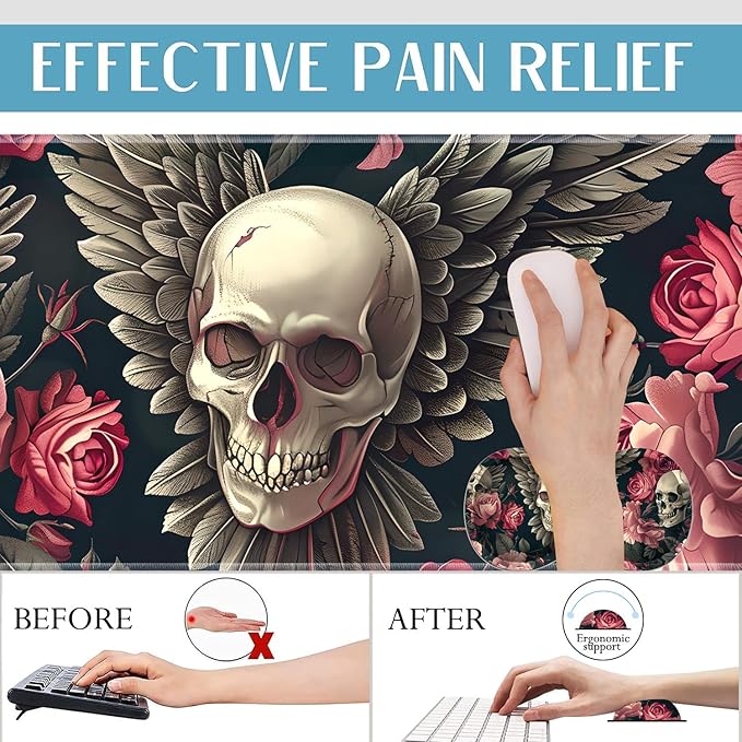 3-in-1 Large Mouse Pad Gaming Set (31.5 x 11.8 inch)+ Wrist Rest Pad + Coaster Memory Foam Gel Wrist Rest Pad for Pain Relief Stitched Edges Non-Slip Table Mat Rose Winged Skull