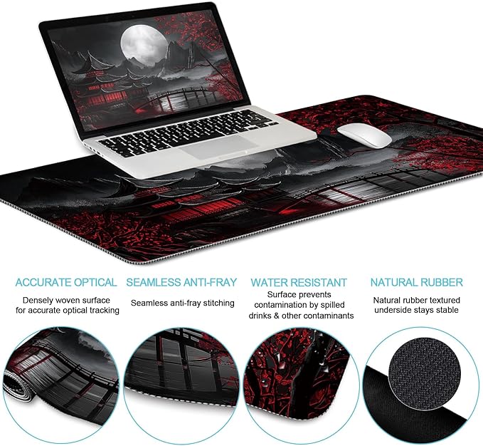 Japanese Mouse Pad Large Desk Mat Set XXL Anime Full Moon Ergonomic Mousepad with Wrist Rest Wrist Support Gaming Keyboard Mat Cup Coaster Set Japanese Style Office Desk Accessories