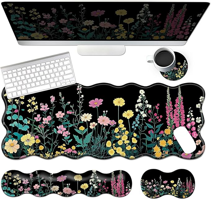 4-in-1 XXL Gaming Mouse Pad Set (31.5x11.8) with Keyboard Wrist RestMouse Wrist Support &amp CoasterNon-Slip Desk Mat for Office、Home、GamingGarden Flowers