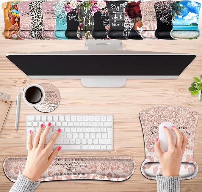 Keyboard Wrist Rest Pad and Ergonomic Mouse Pad Wrist Support Set Proverbs 31:25 Bible Verse Leopard Star Pattern for Gaming Office Comfortable and Pain Relief with Coaster Set