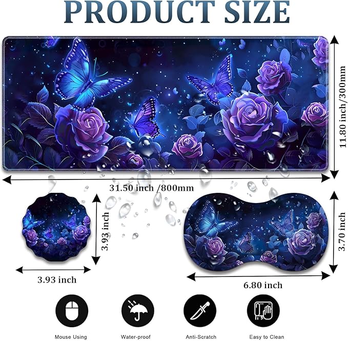 Large Gaming Mouse Pad + Wrist Rest + Lace Coaster Non-Slip Set with Sewn Edges and Waterproof Expandable Desktop Pad Suitable for Office/Home Purple Roses and Butterflies