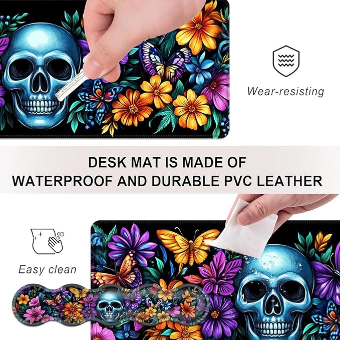 Mouse PadLarge Desk Mat Set 4in1 XL Mousepad + Keyboard Wrist Rest+Mouse Wrist Rest+Coaster with Ergonomic Desk Pad for Home Office Table Computer Cover -Skull with Flowers and Butterflies